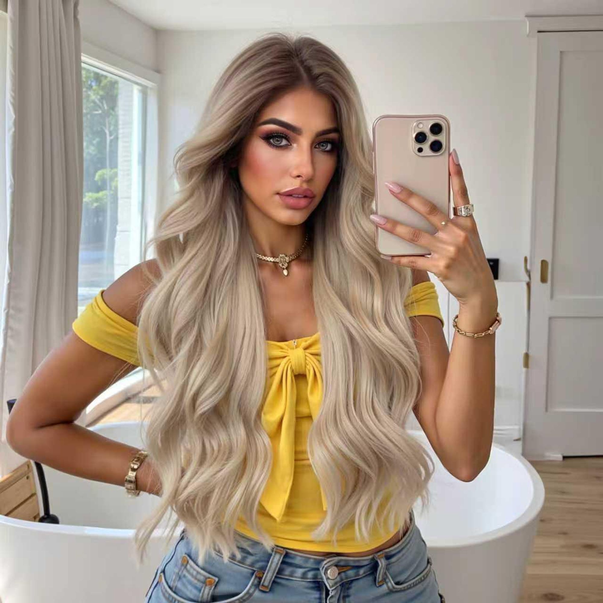 SassyGoods Luxus Blonde Perücke Aschblond Front Lace Wig – Damenperücke mit langem Haar – Haarersatz – Waschbar – 66 cm