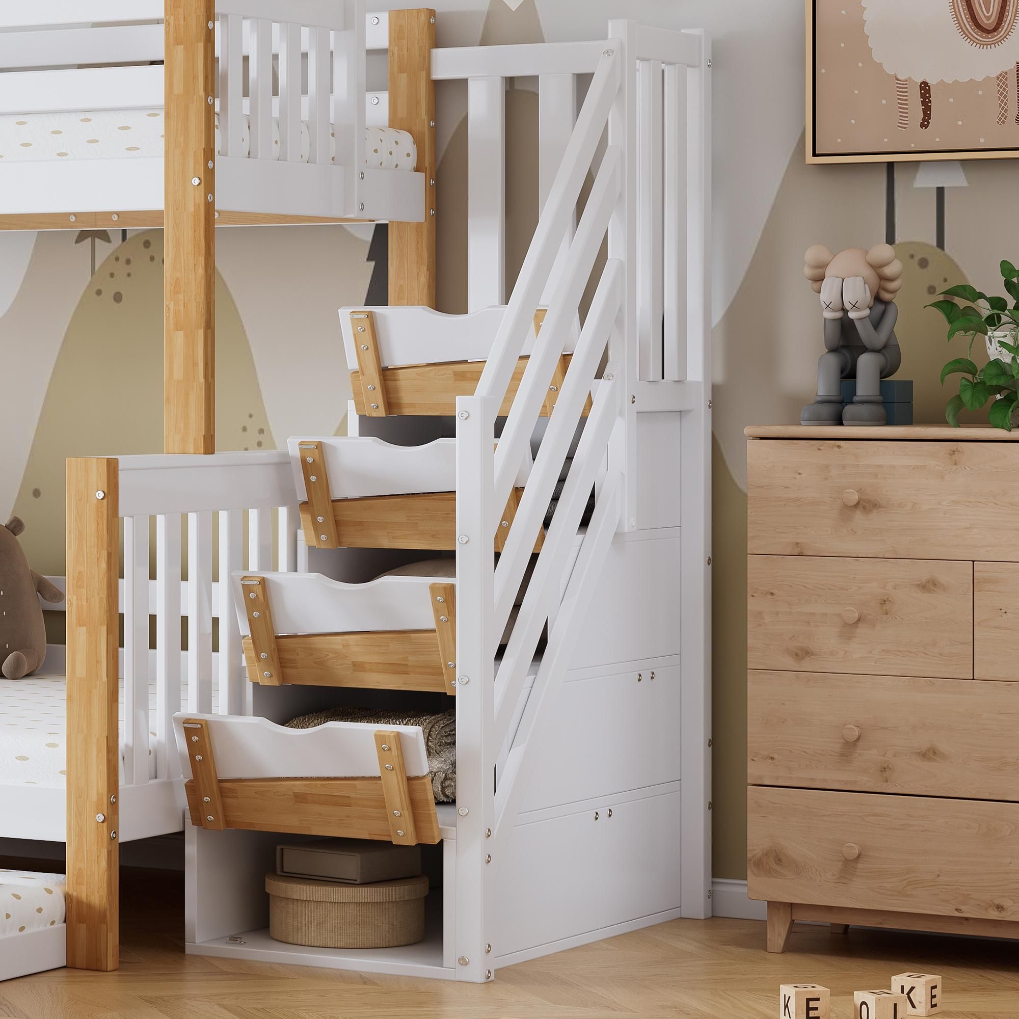 Flieks Etagenbett 90x200/120x200cm mit Ausziehbett, Hochbett mit Treppe und Schubladen, Kinderbett mit Rausfallschutz und Lattenrost, Stockbett Weiß