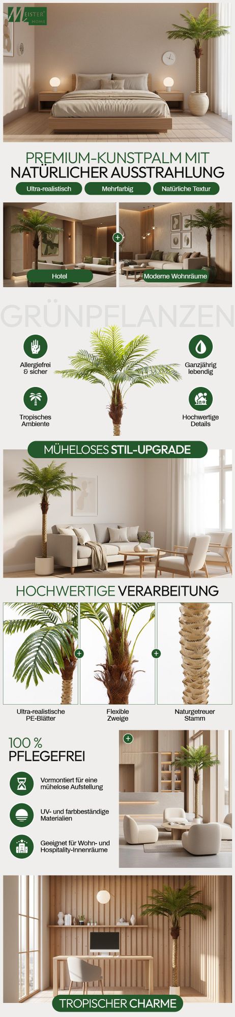 Meisterhome Kunstpalme 210 cm – Extra große Tropische Kunstpflanze – Naturgetreue Kunstpalme für Innen – Pflegeleicht für Wohnzimmer, Büro & Empfang