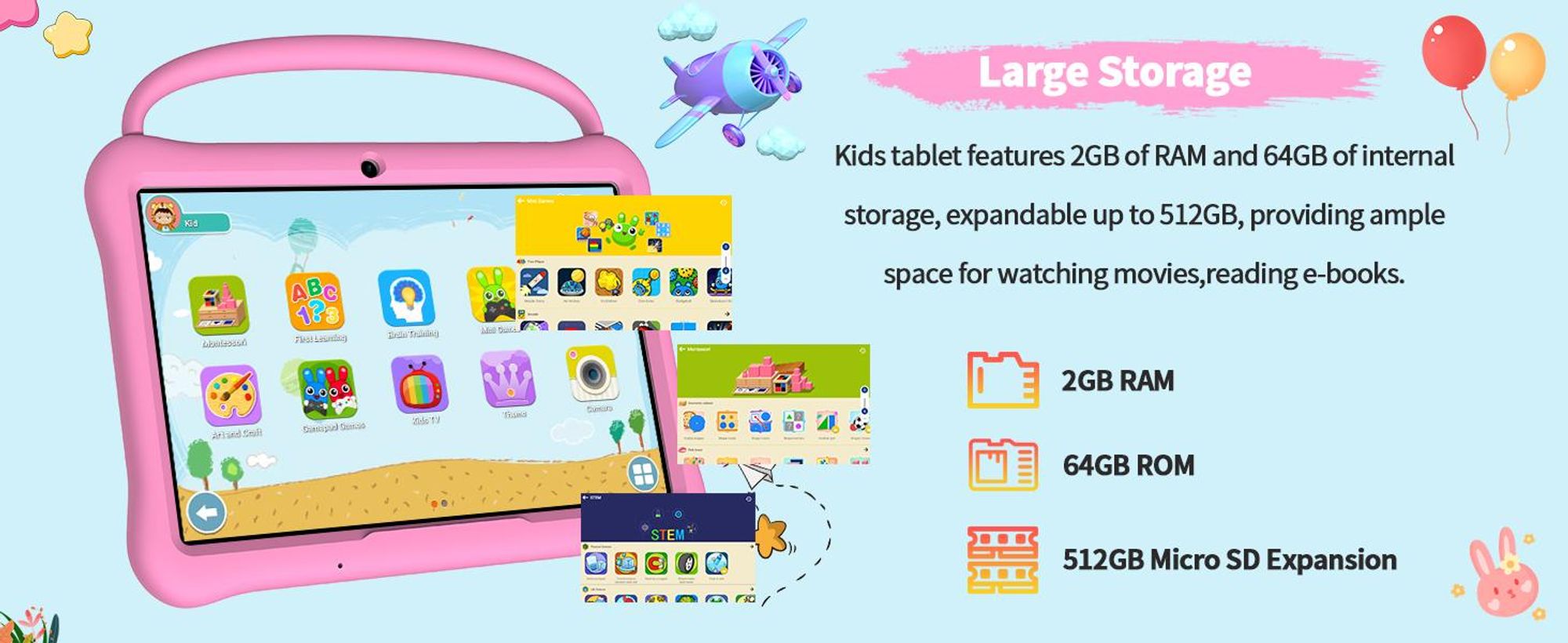 PRITOM Android 13 Tablet für Kinder, 10 Zoll Octa-Core, 64 GB RAM, 1 TB TF-Karte erweiterbar, Kindersicherung, Dual-Kamera, WLAN, Rosa