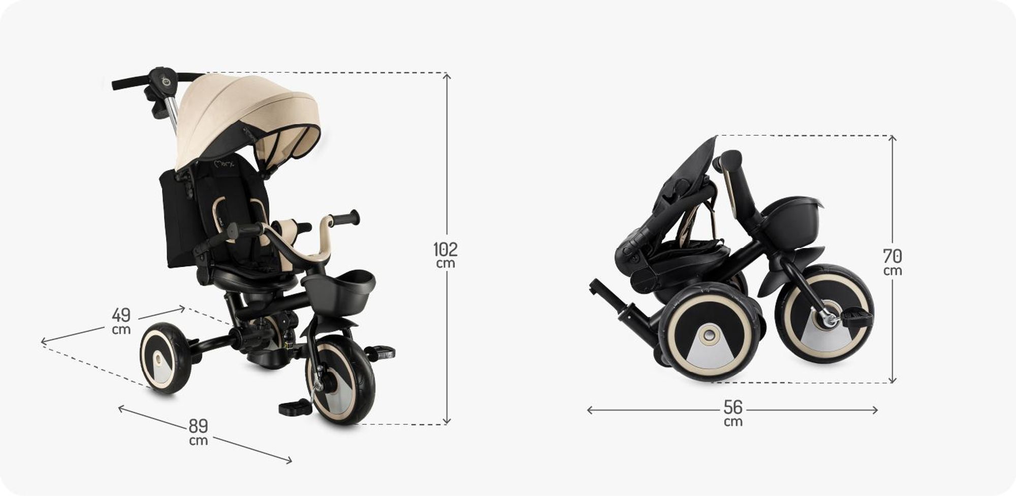 MoMi IVI Kinderdreirad 3-in-1 Beige – 360° drehbarer Sitz, 3-Punkt-Gurt, höhenverstellbare Schiebestange, Sonnendach, PolyurethanRäder, Frontkorb – ab 9 Monaten