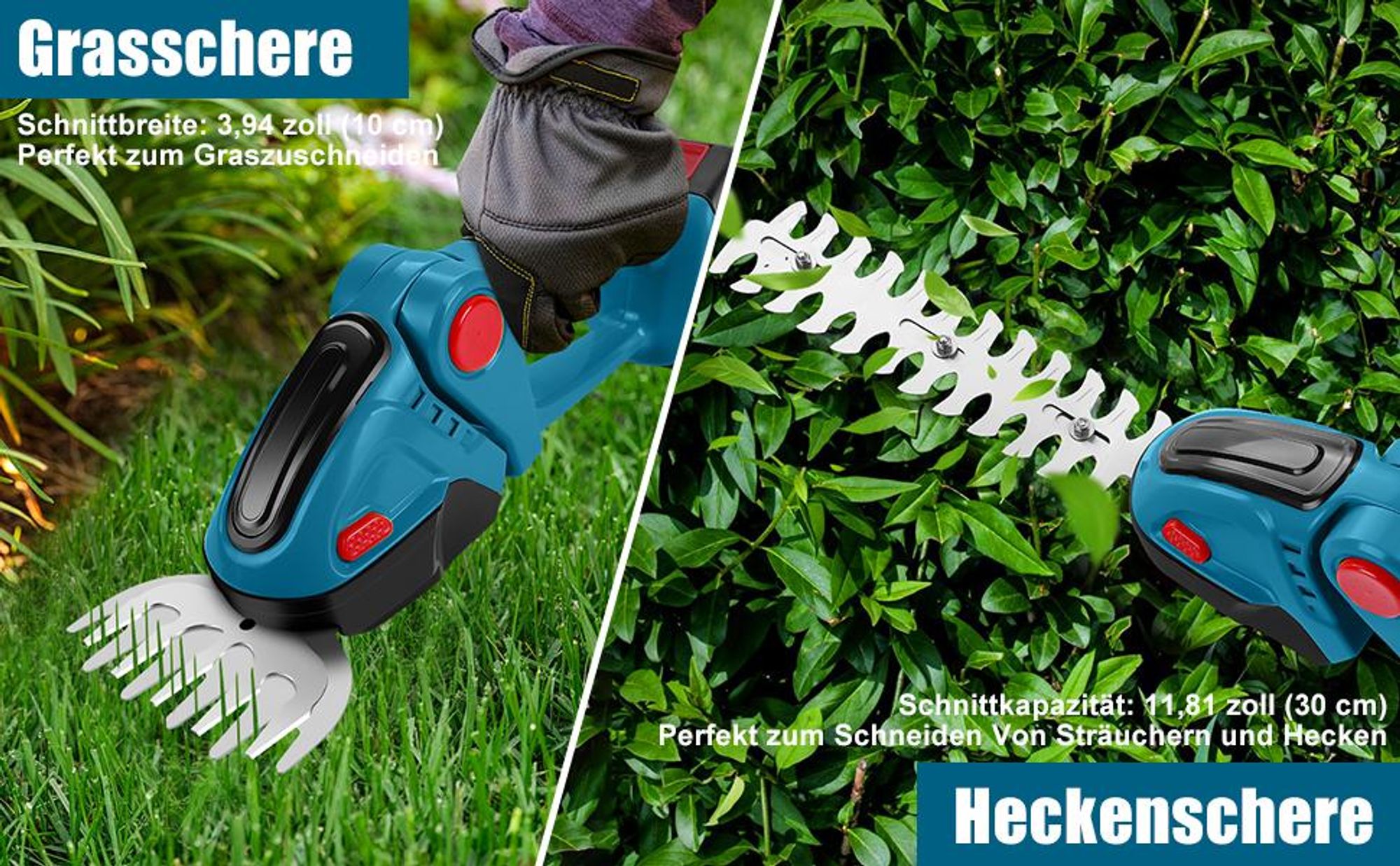 Akku Heckenschere, Kabellose Grasschere, Elektrische Rasentrimmer, Grasschneider, Elektrischer Strauchschere, mit 2 Klingen, 1 Akku und 1 Ladegerät