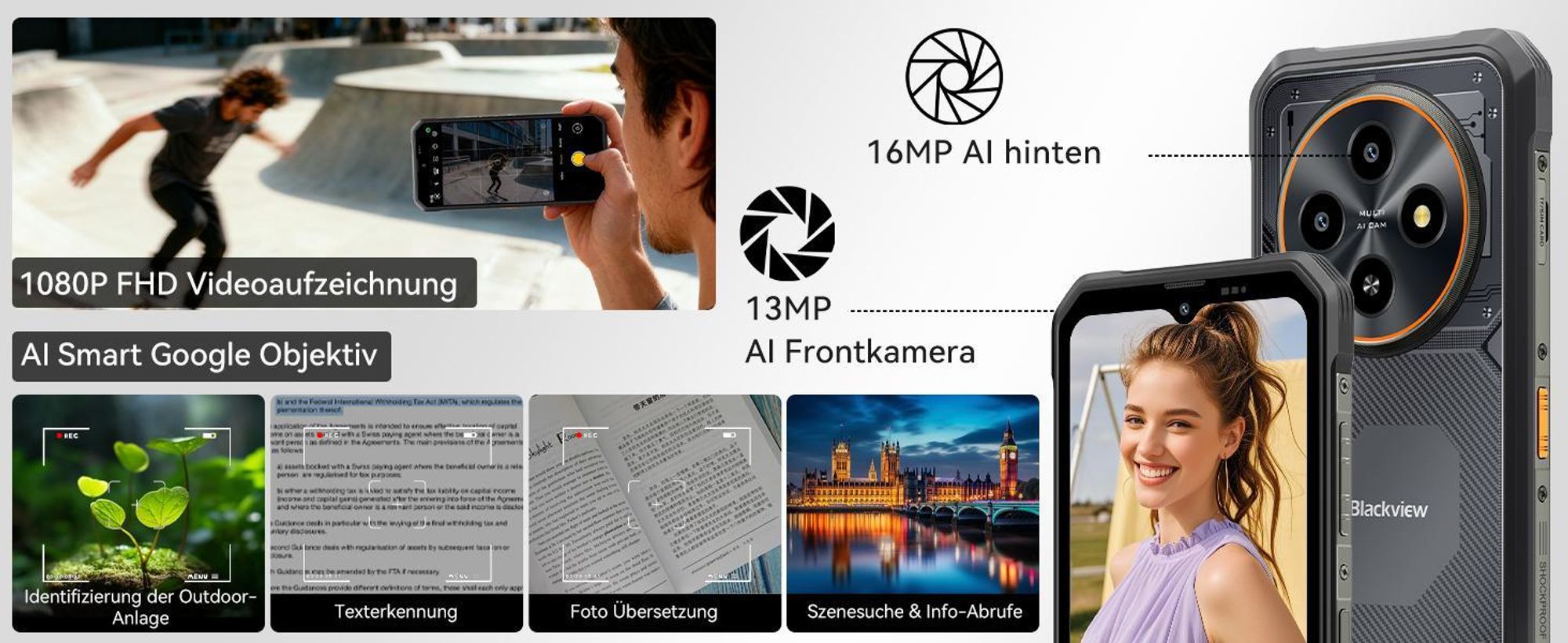 Blackview FORT 2 Outdoor Handy,6.56", 24 GB+128 GB/2TB, Ultra-Dünn 10.7 mm,Android 15, IP68/IP69K,5000 mAh,90Hz,4G Dual/NFC/OTG/GPS/245g,16MP+13MP