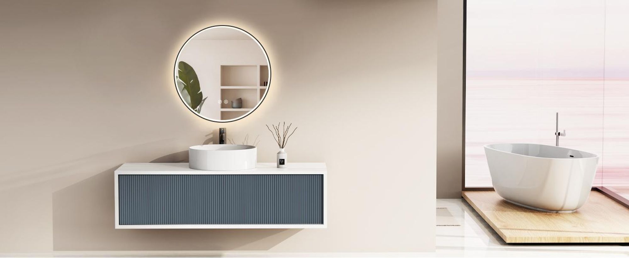 HOKO Miroir de salle de bain anti-buée rond 80cm avec cadre+lumière changeant blanc chaud/blanc froid/neutre 2700-6500 K. Lumière allumable par interrupteur tactile/mural. Monza