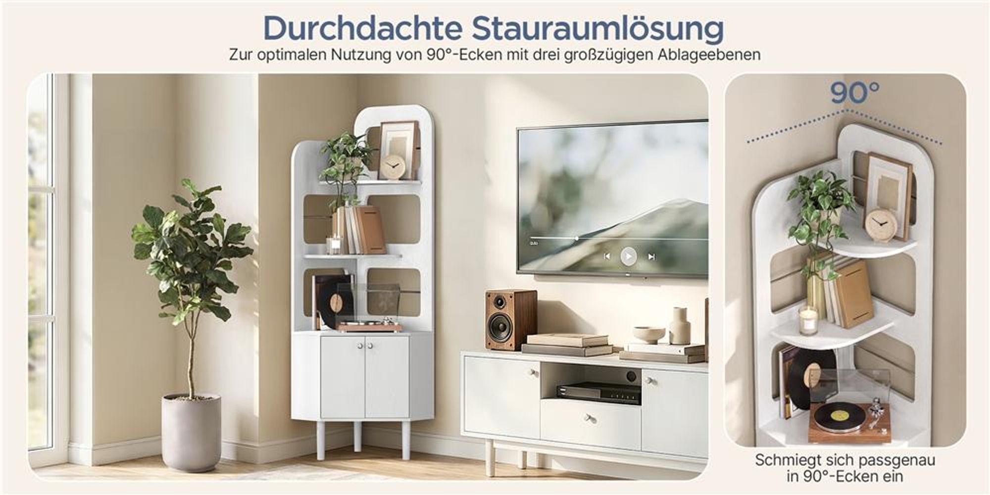 Yaheetech Eckregal mit Schrank 166,5 cm H, Bücherregal mit 3 Ablagen, platzsparendes Standregal, Dreiecksform, Weiß