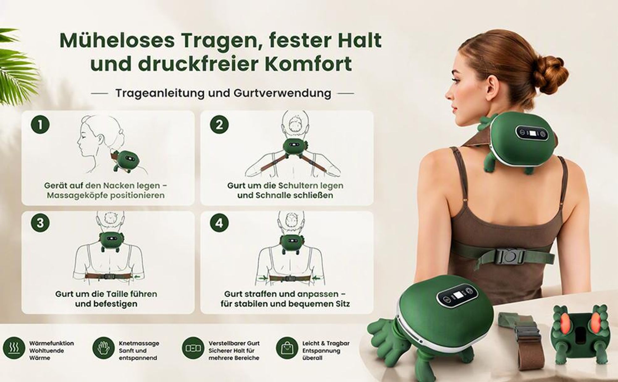 4D Nackenmassagegerät kabellos – mit Wärme (2 Stufen) & Touchscreen. Ergonomische Massage für Nacken & HWS. Ideal als Geschenk