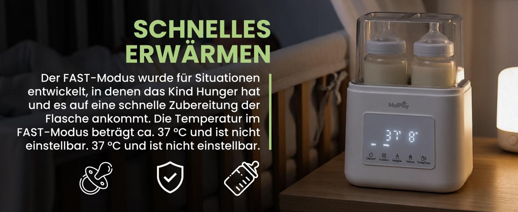 Flaschenwärmer für 2 Flaschen mit Sterilisator Auftauen Warmhalten 7/24 Std Babykostwärmer