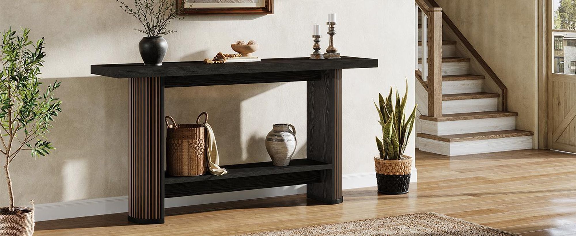 Consolle moderna Tribesigns 140 cm, tavolo da corridoio stretto con ripiano, consolle in legno dietro il divano per soggiorno, corridoio, ingresso, nero