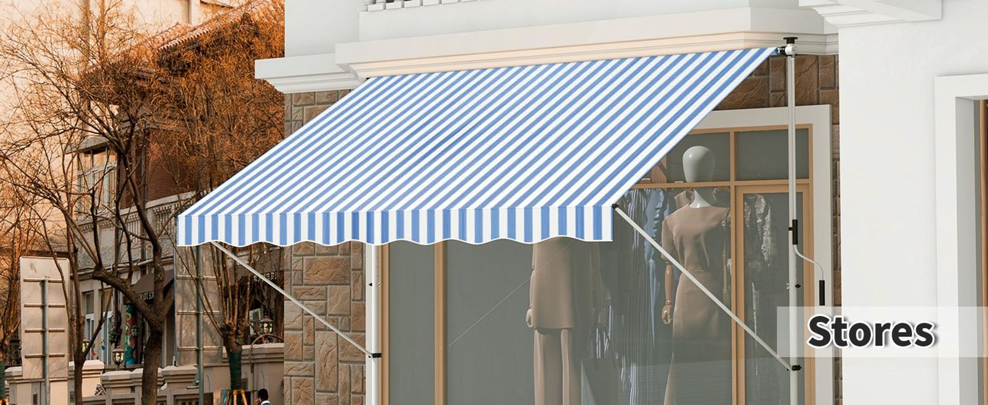 Markiza Outsunny z korbą, regulowana wysokość, z ramieniem przegubowym, odporna na zabrudzenia i warunki atmosferyczne, markiza balkonowa o szerokości 150 cm, markiza tarasowa na taras, balkon, werandę, niebiesko-biała