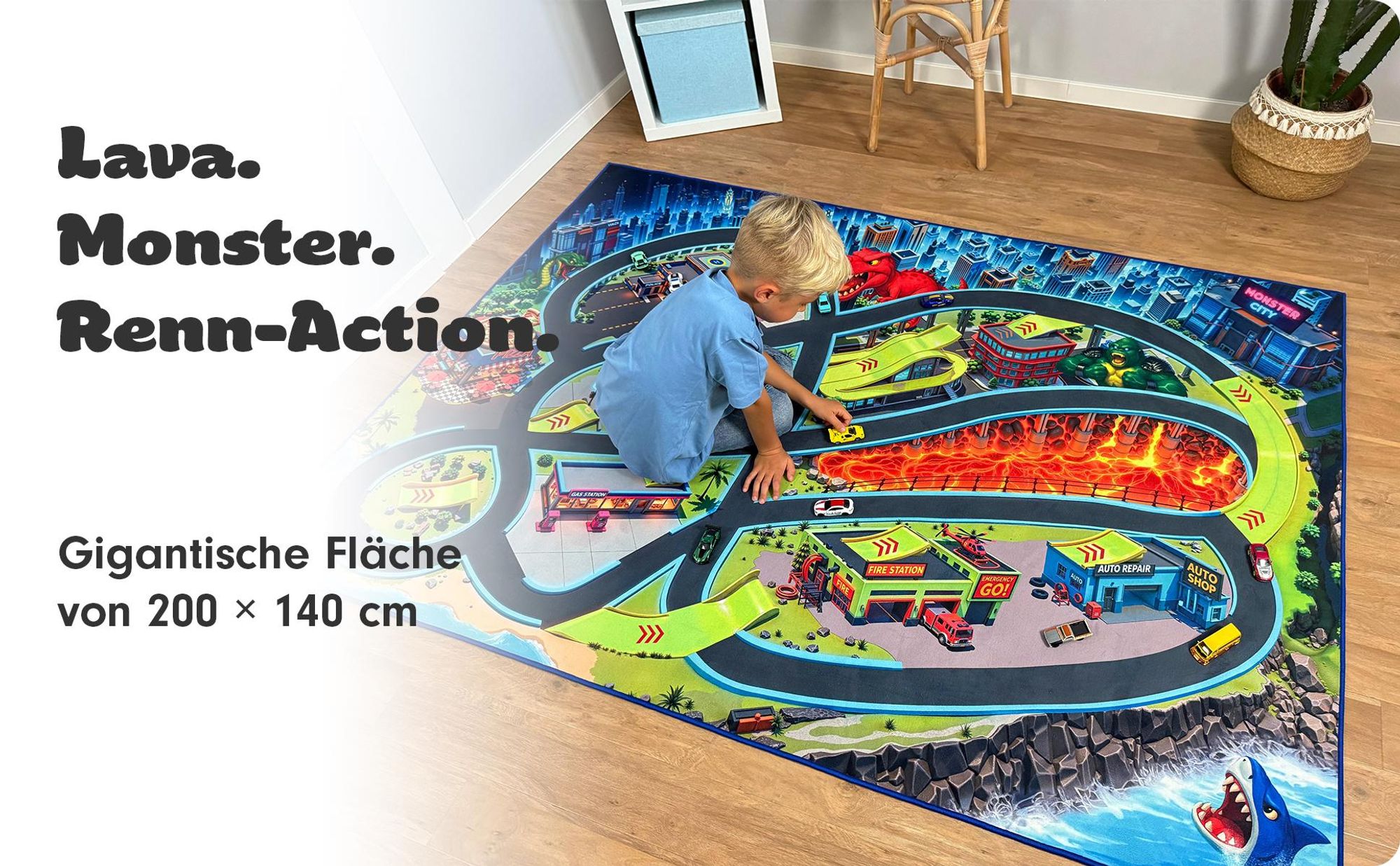 SkippiDoo Straßenteppich – Monster City XL – Spielteppich 200 x 140 cm, Autoteppich mit Breiten Straßen & großen Parkplätzen, Rutschfest