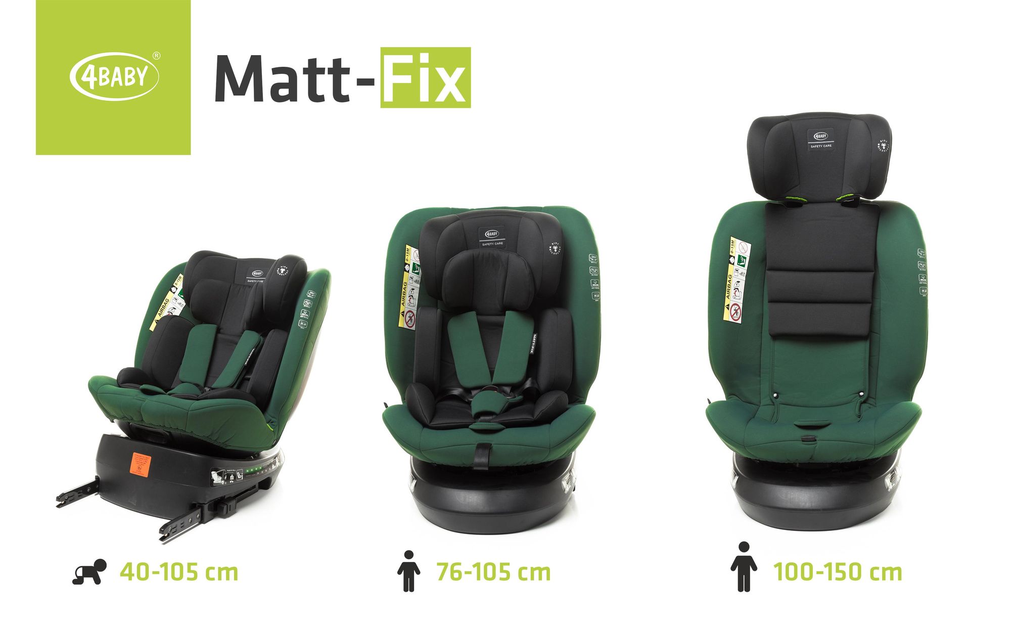 4BABY Kindersitz drehbar 360 ISOFIX Matt-Fix I-SIZE verstellbare Kopfstütze Sitz 0-36kg, 40-150 cm DarkGreen