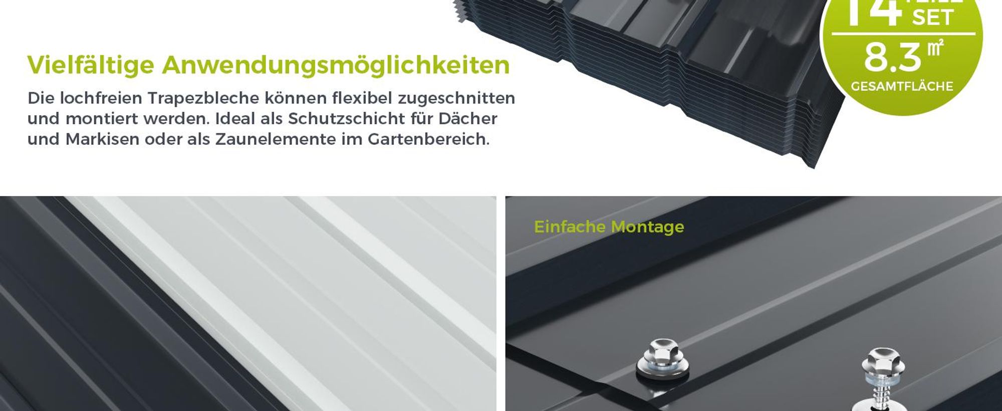 Mondeer Wellplatte Dachplatten 14-tlg Trapezblech-Set, 8,3 m² Abdeckfläche inkl. 100 Schrauben & Montagehandschuh, Feuerverzinkt 105 x 57cm Dunkelgrau