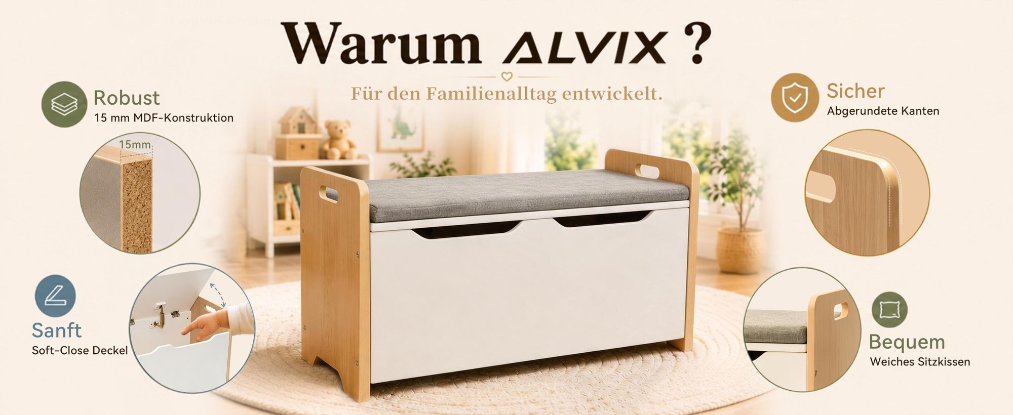 ALVIX Spielzeugtruhe NESTA 1 Kinderbank mit Stauraum,Spielzeug Aufbewahrung,Spielzeugkiste mit Soft-Close-Deckel,Sitzbank für Kinderzimmer,83x40×48 cm