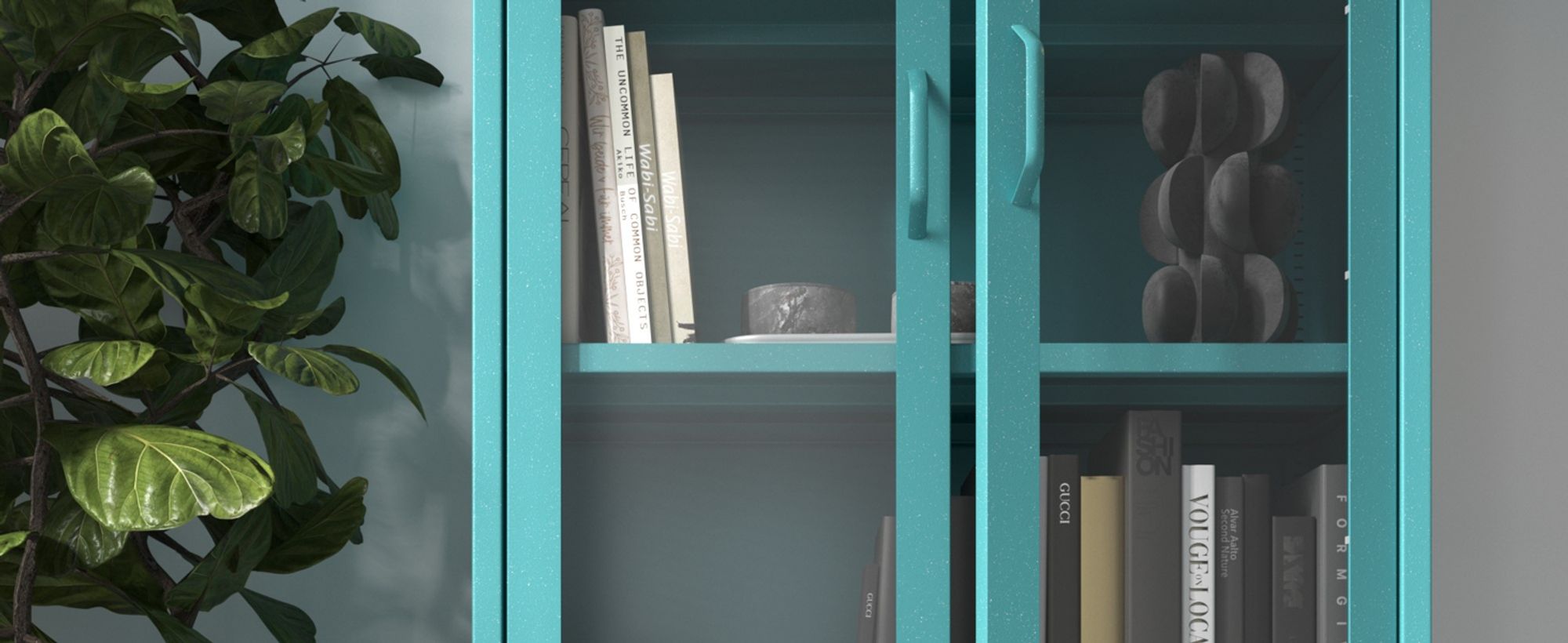 Vitrinenschrank Wohnzimmerschrank mit 4 Fachböden Vitrine Glitzernd Metall Meeresgrün