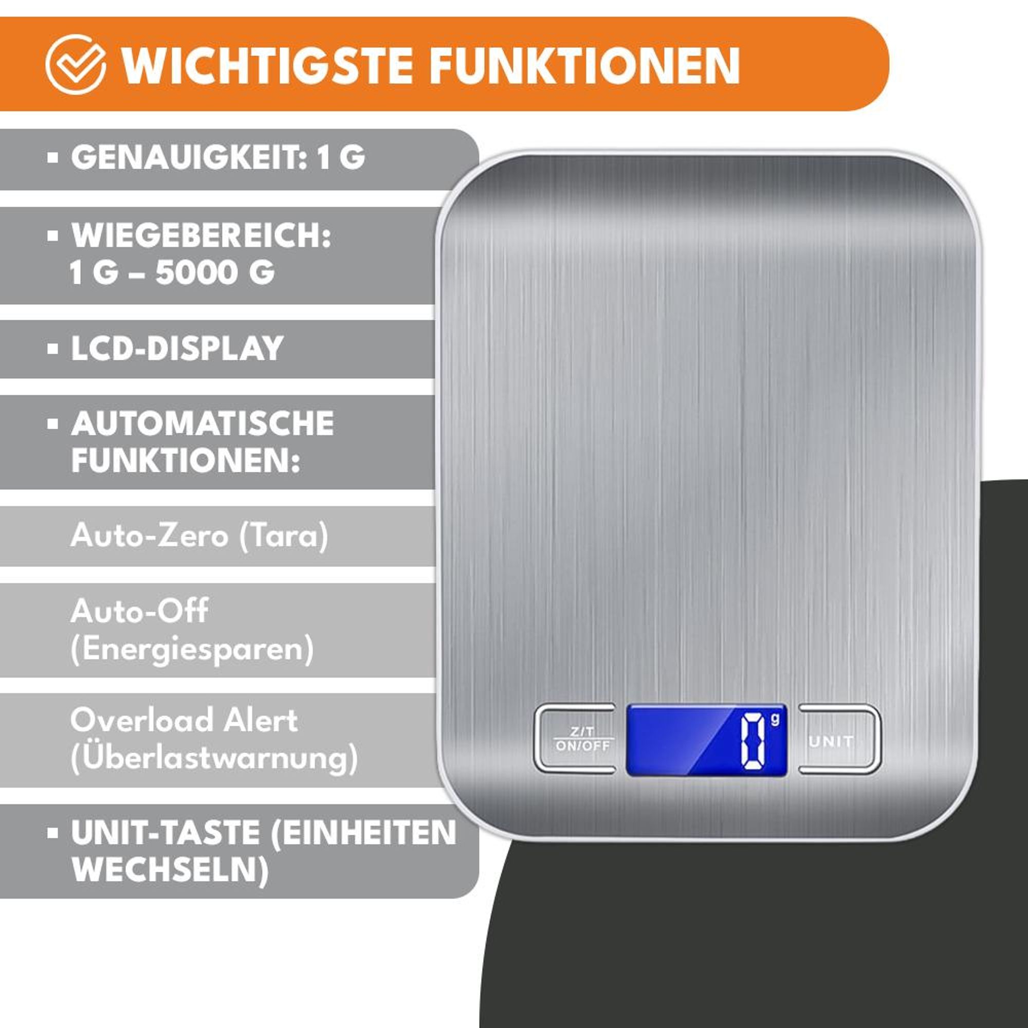 KRUMAD Digitale Küchenwaage 1 g–5 kg – Präzise Grammwaage mit Edelstahloberfläche & LCD Display – Kompakte Lebensmittelwaage für Küche, Backen, Kaffe