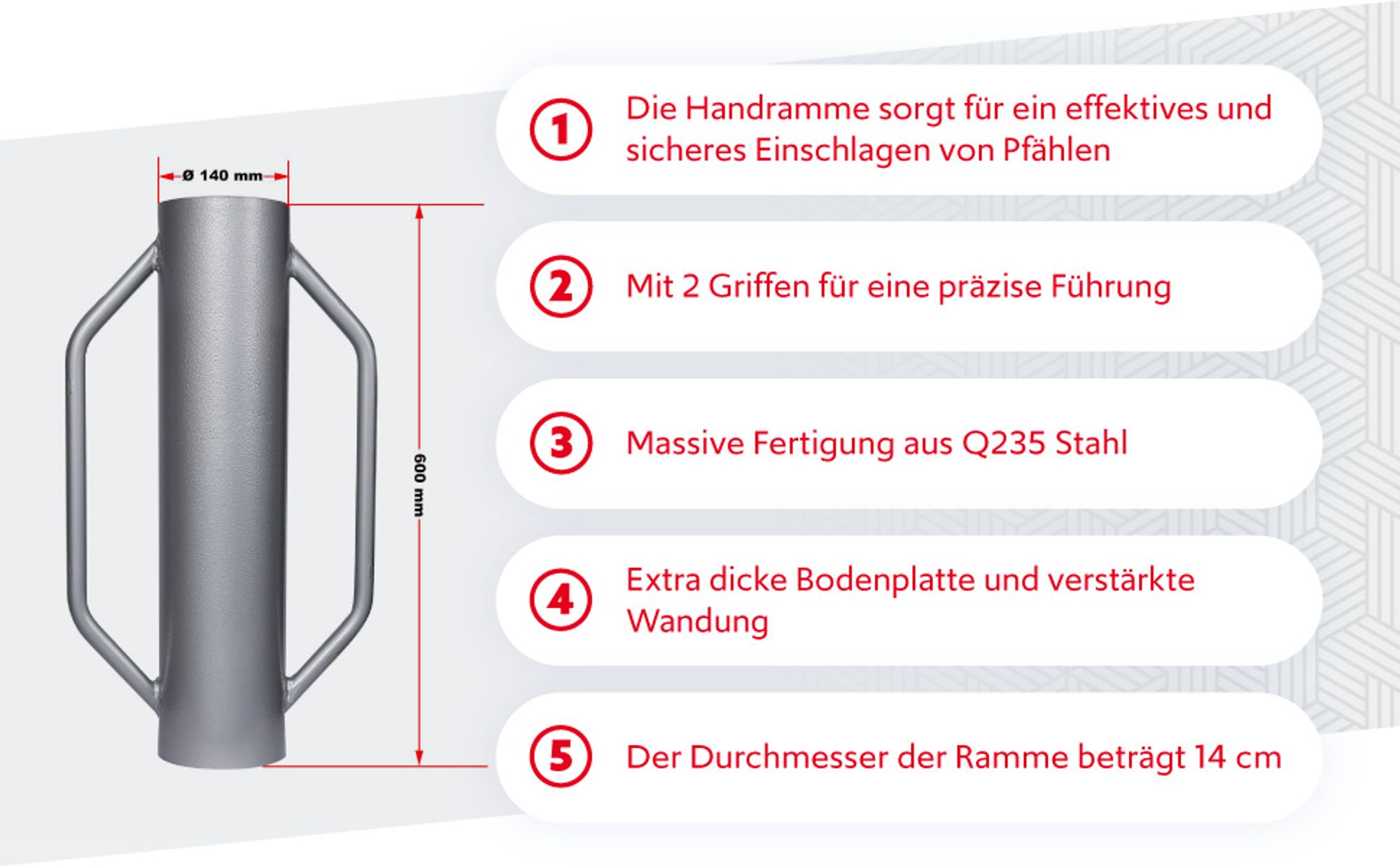 Wiltec Handramme Ø14 cm Zaunpfahlramme mit Handgriffe, Pfahlramme aus Stahl, Pfostenramme für Zaunbau und Bodenverdichtung