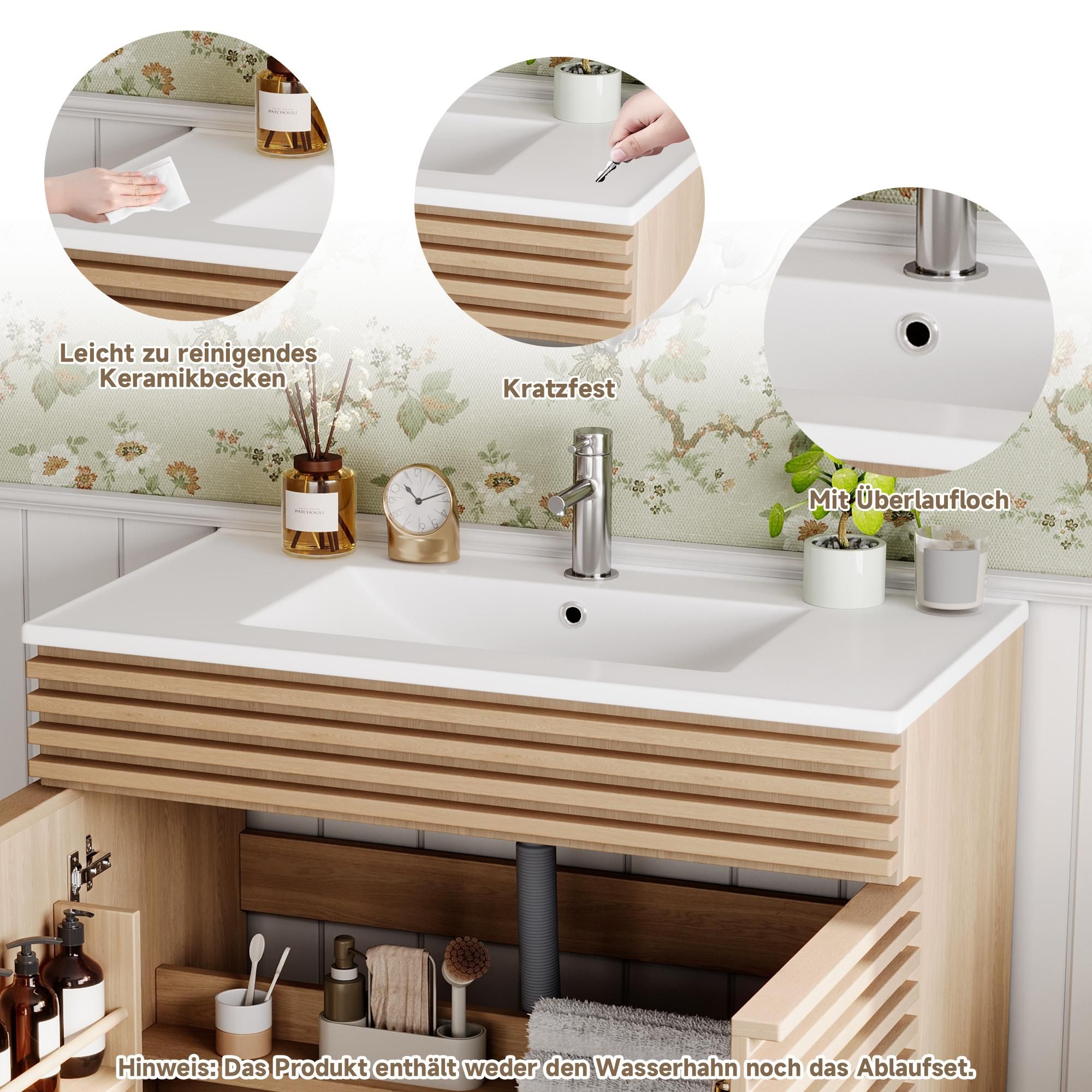 Merax freistehender Waschtischunterschrank, Badezimmerschrank mit Soft-Close-Scharnieren, 3D-Horizontalstreben, Keramik-Waschbecken, Natur