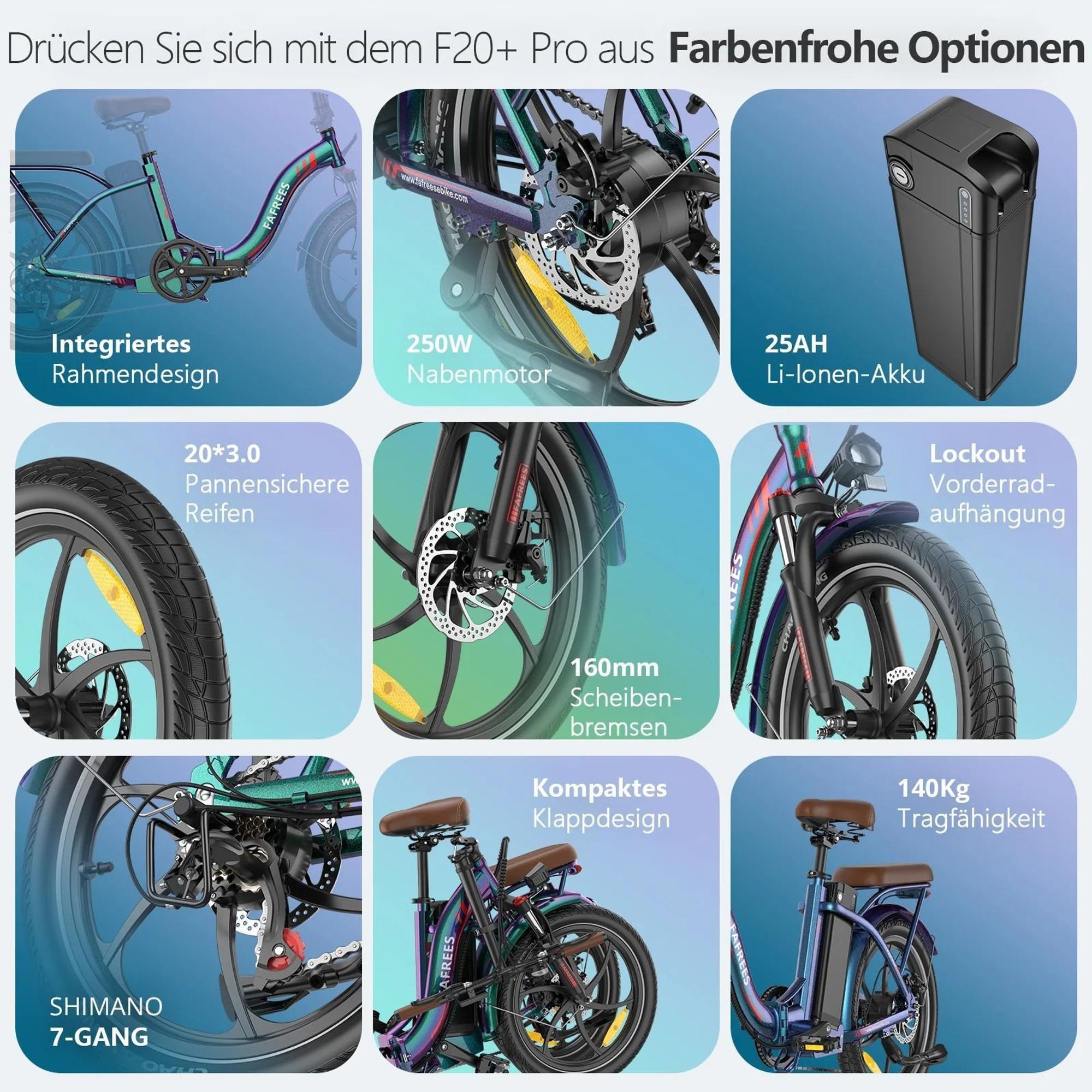 E-Bike FAFREES F20+ Pro - Motor 250W Batterie 36V25Ah 20 Zoll Reifen Mechanische Scheibenbremsen - Aurorablau