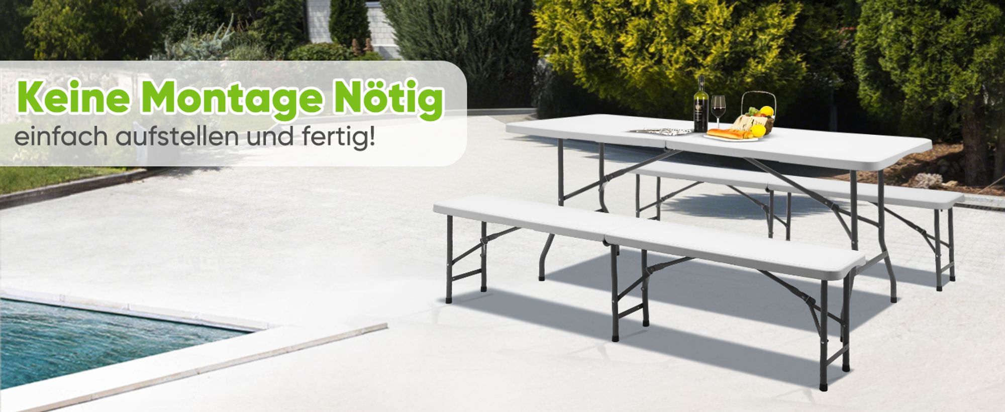 180cm Bierzeltgarnitur Klappbar Kunststoff Gartenmöbel Set Biertisch Set Weiß