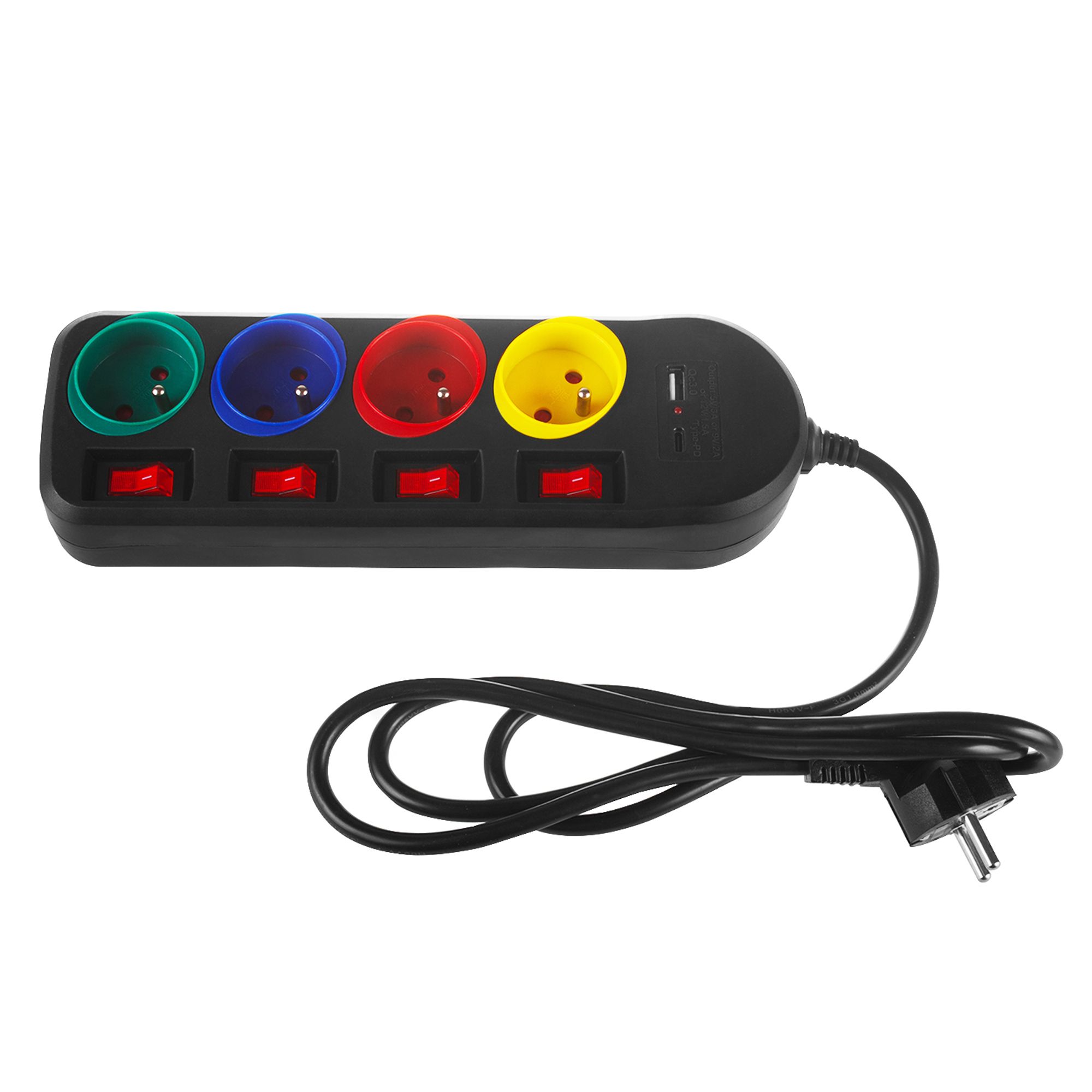 Maclean Steckdosenleiste, 4-poliges Verlängerungskabel + USB A/C mit Schalter 250VAC/10A, 1,5m schwarz MCE508 B