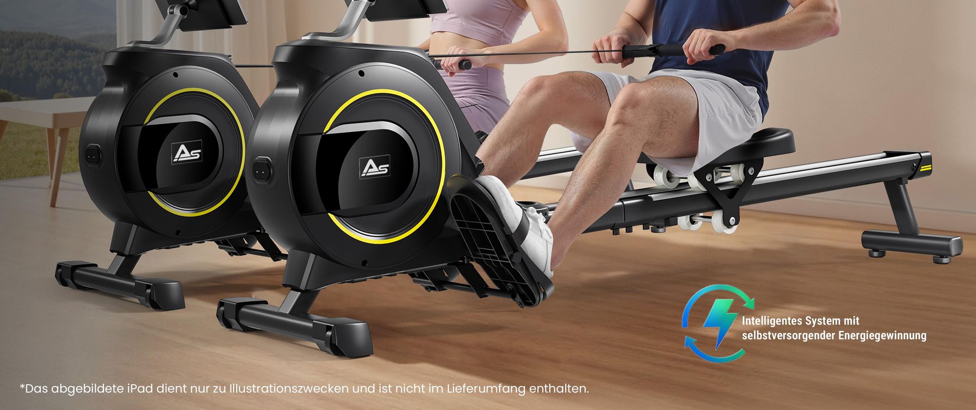 AsVIVA RA11 Rudergerät Heimtrainer, Generatorbetrieb ohne Stromanschluss, Bluetooth-App & Pulsmessung, 6,5 % Schienenneigung, platzsparend, bis 135 kg