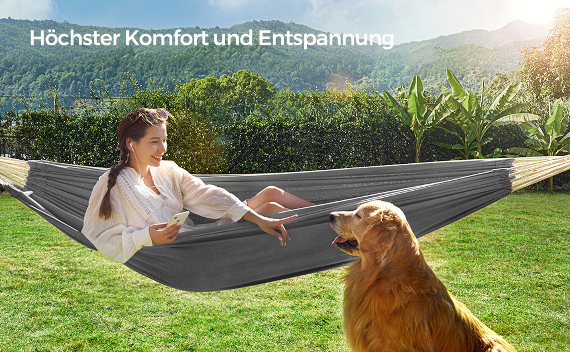 SONGMICS Hängematte, 210 x 150 cm, Doppelhängematte, Belastbarkeit 300 kg, für Garten, Terrasse, Balkon, Outdoor, Camping, mit Tragetasche, Befestigungsgurten und Karabinern, grau