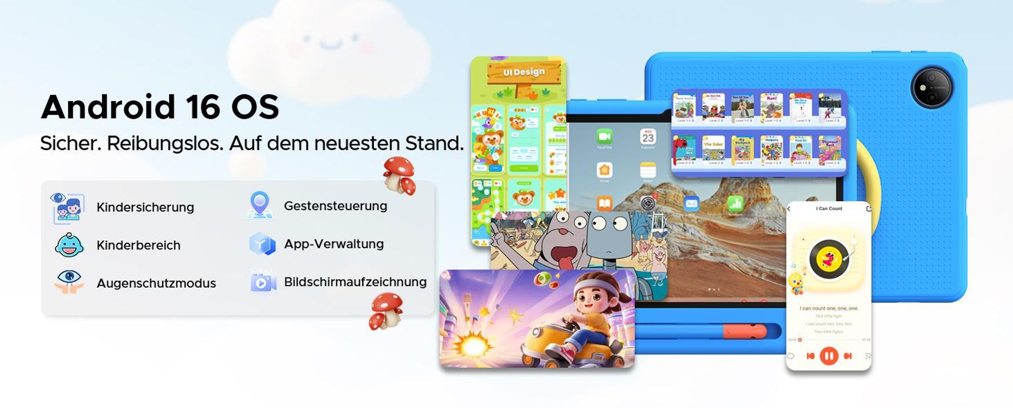POCKAM P10 Kids 10.1" Tablet, Gemini AI, Android 16, 32(6+26)GB RAM+64GB ROM/TF 2TB, 7000mAh, WiFi Tablet für Kind mit Kindgerechte Hülle und Stift