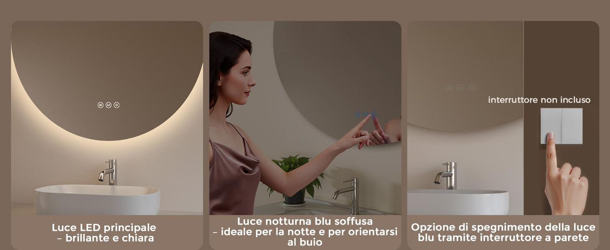 S'AFIELINA Specchio da bagno a LED specchio rotondo da parete con interruttore a sfioramento, 3 luci 3000/4000/6500K 70 cm