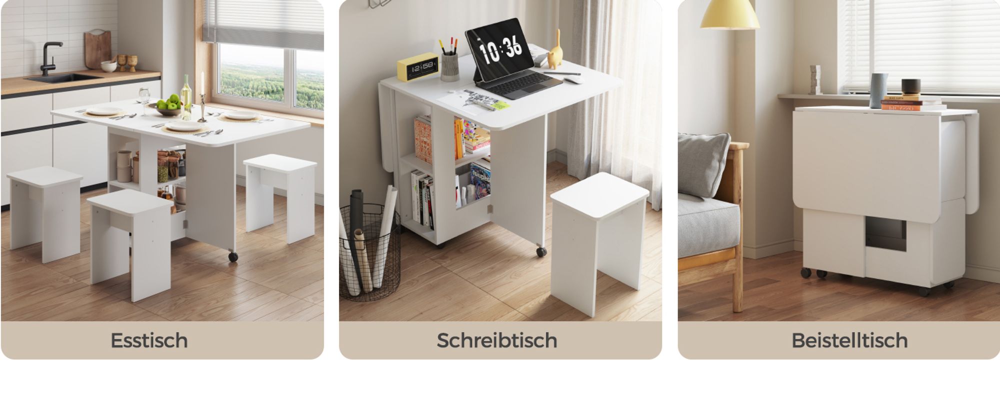 Mondeer Esstisch mit 4 Hockern Platzsparend (120x80→33x80cm), Rollbar mit Bremsen, 3-in-1 Funktion & Schnell Aufgebaut Weiß