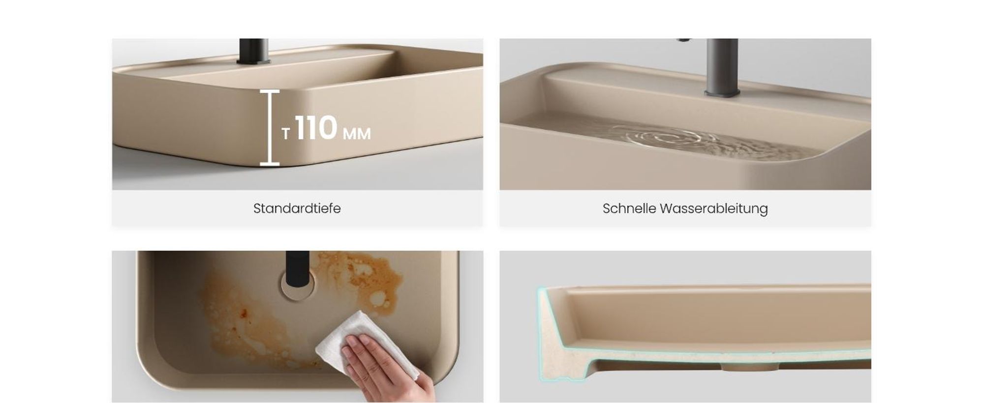 EMKE Keramik Waschtisch–Quadratisches Becken in modernem mattem Beige inkl. vorgebohrter Wasserhahnmontage ideal für Wand- & Aufsatzmontage 50x40x11cm