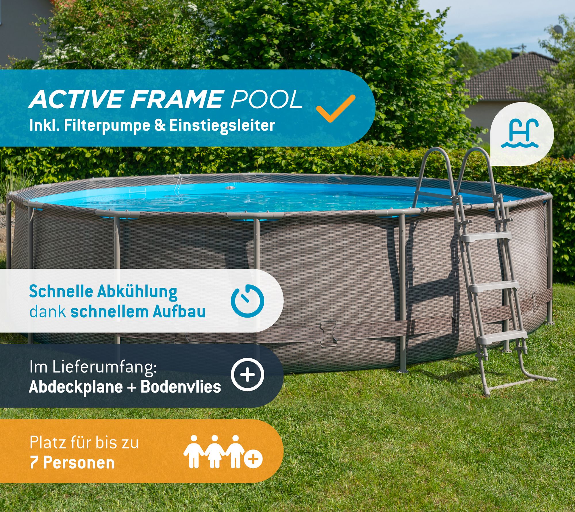 Summer Waves Active Frame Pool Aufstellpool rund inkl. Zubehör Rattanoptik braun Ø 457x107 cm