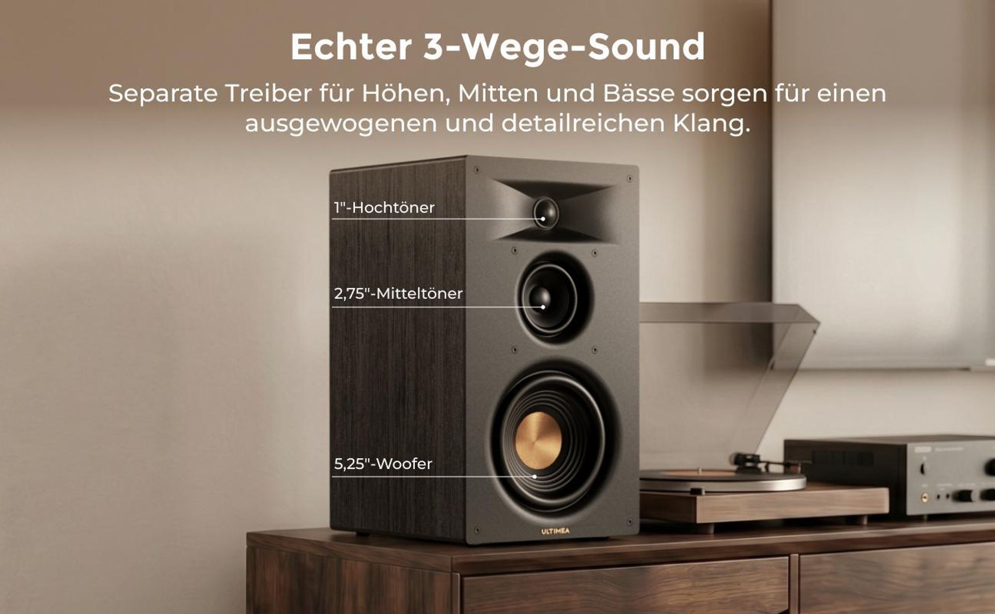 ULTIMEA BS-3 Aktivlautsprecher 3-Wege Regallautsprecher mit 5,25" Tieftöner, Bluetooth 6.0, HDMI ARC/Optisch/USB, Auracast, App-Steuerung, 70W RMS