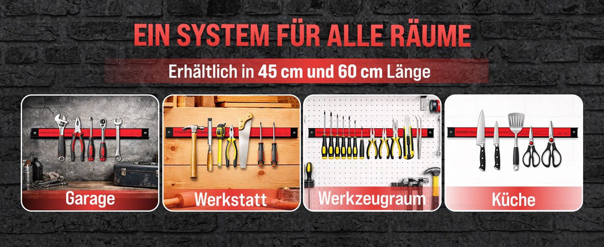 DEUBA® 3x Magnetleiste 60cm 23kg Tragkraft Magnetisch Werkzeugleiste Werkzeughalter Werkzeugwand Werkstatt Werkzeug Organizer inkl. Montagematerial