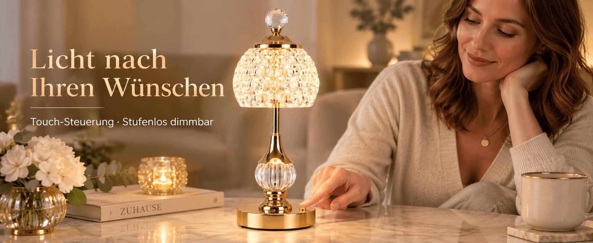 2er Set LED Tischlampen, 3 Lichtfarben 2000-6000K, Touch Tischleuchte, Stufenlos dimmbar, Kristall Nachttischlampe, USB-C Akku 2000mAh, ca. 5-8h