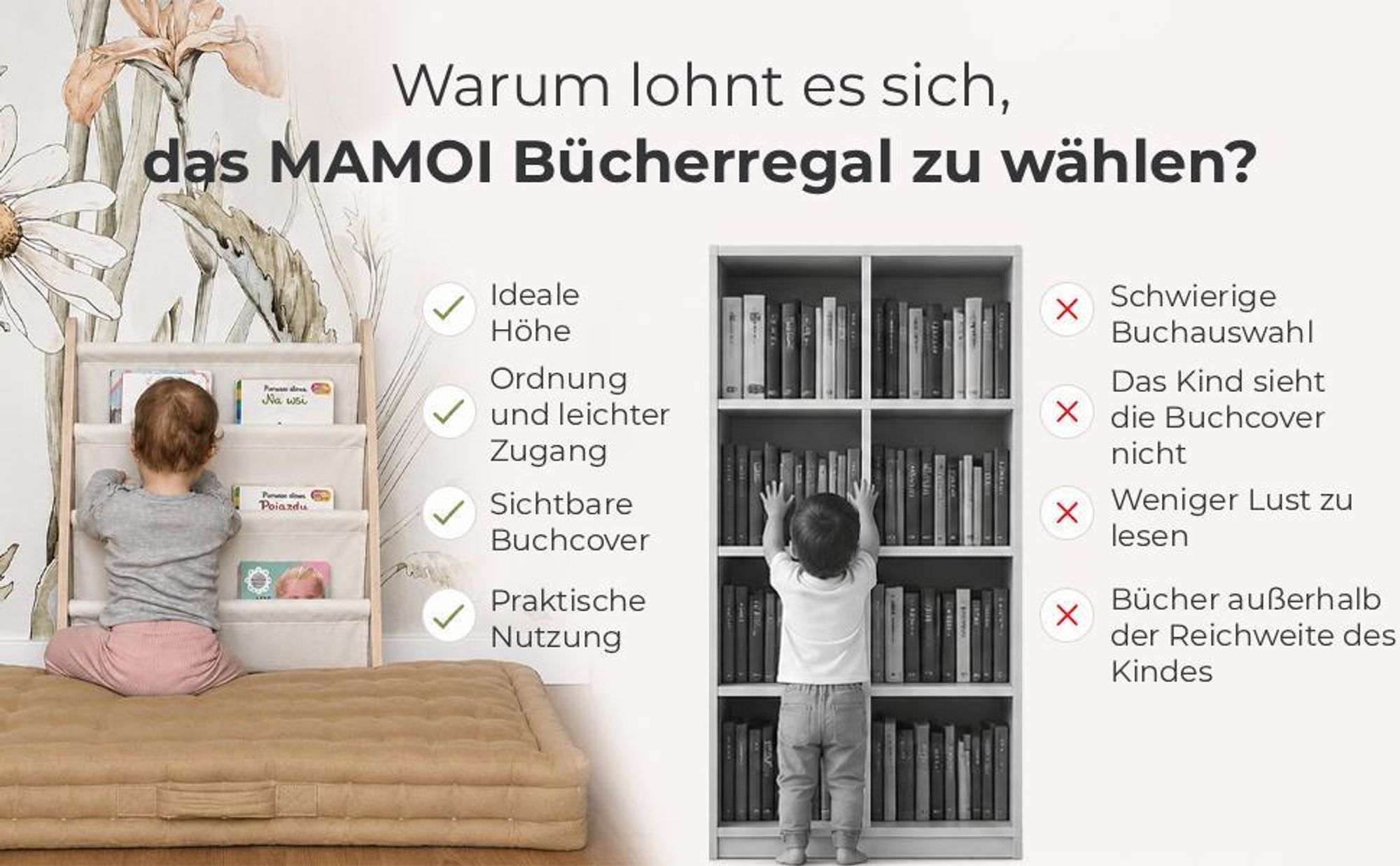 MAMOI® Bücherregal für kinder, Bücherkiste für kinderzimmer, Book shelf, Buchregal, Wandregal kinderregal, Kinderbücherregal, Bücherbank aus holz für