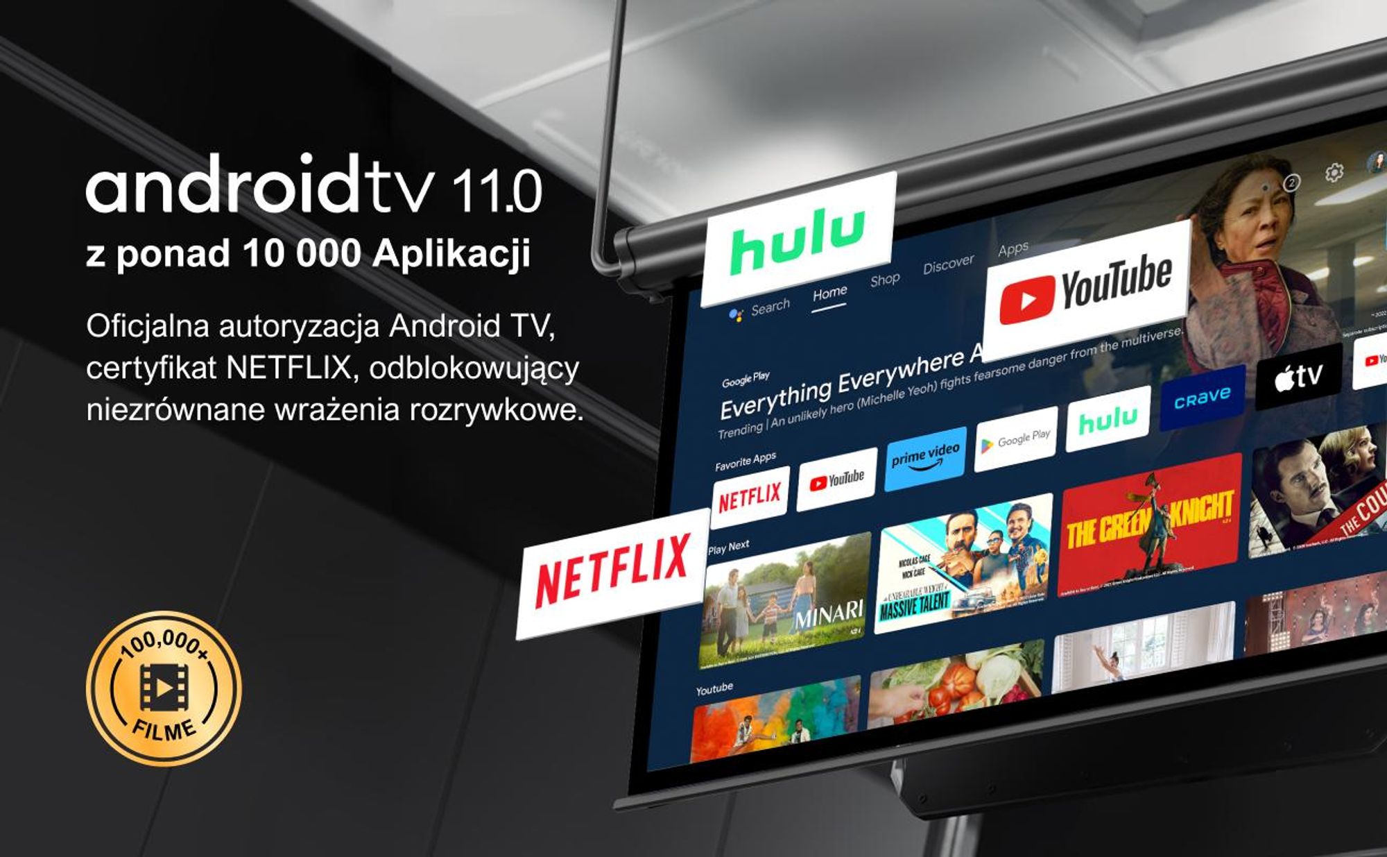 Projektor ULTIMEA Android TV 11.0 z NETFLIX, projektor kina domowego 4K o jasności 1000 ANSI lumenów, Dolby Audio, uchwyt do przenoszenia, Poseidon E40 Smart Series
