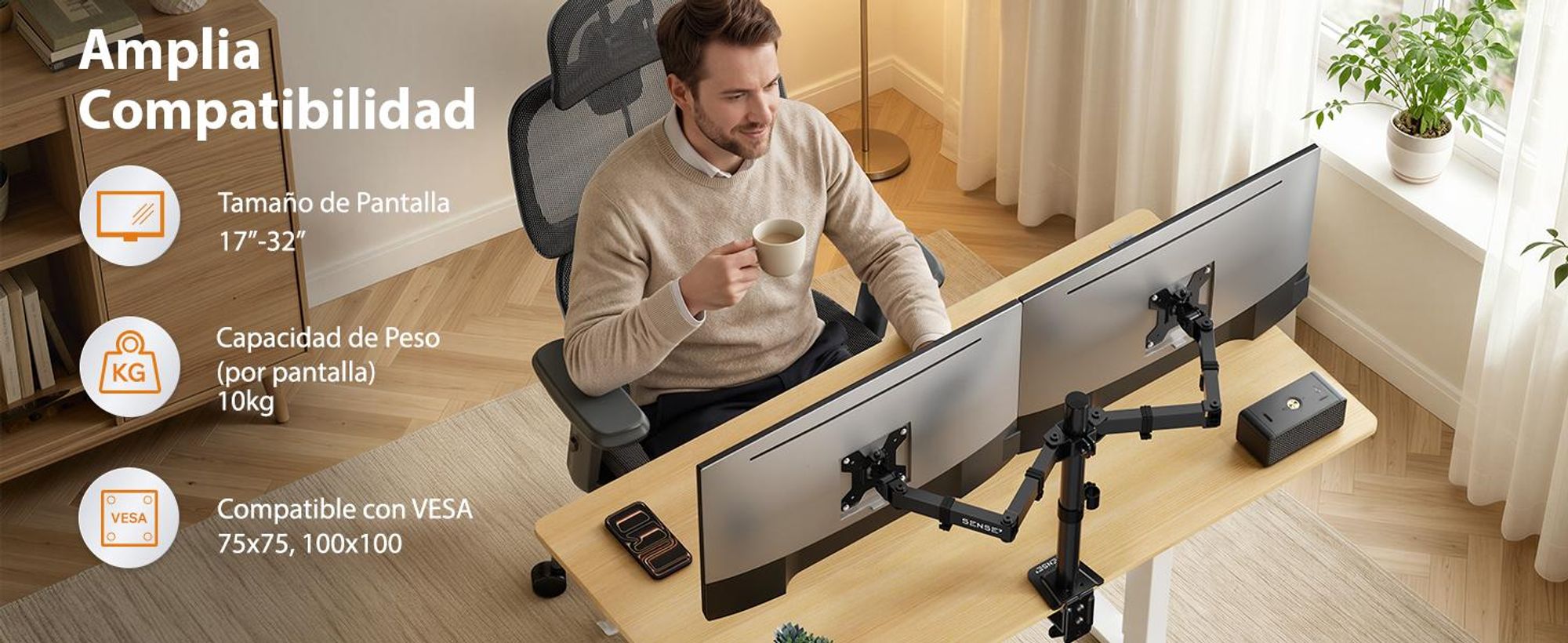 Soporte doble para monitores SENSE7, compatible con pantallas de 17-32 pulgadas, estándar VESA, capacidad de 2 x 9 kg, con sistema de pivote y amortiguación a gas, para escritorio, ideal para 2 monitores, color , diseño ergonómico