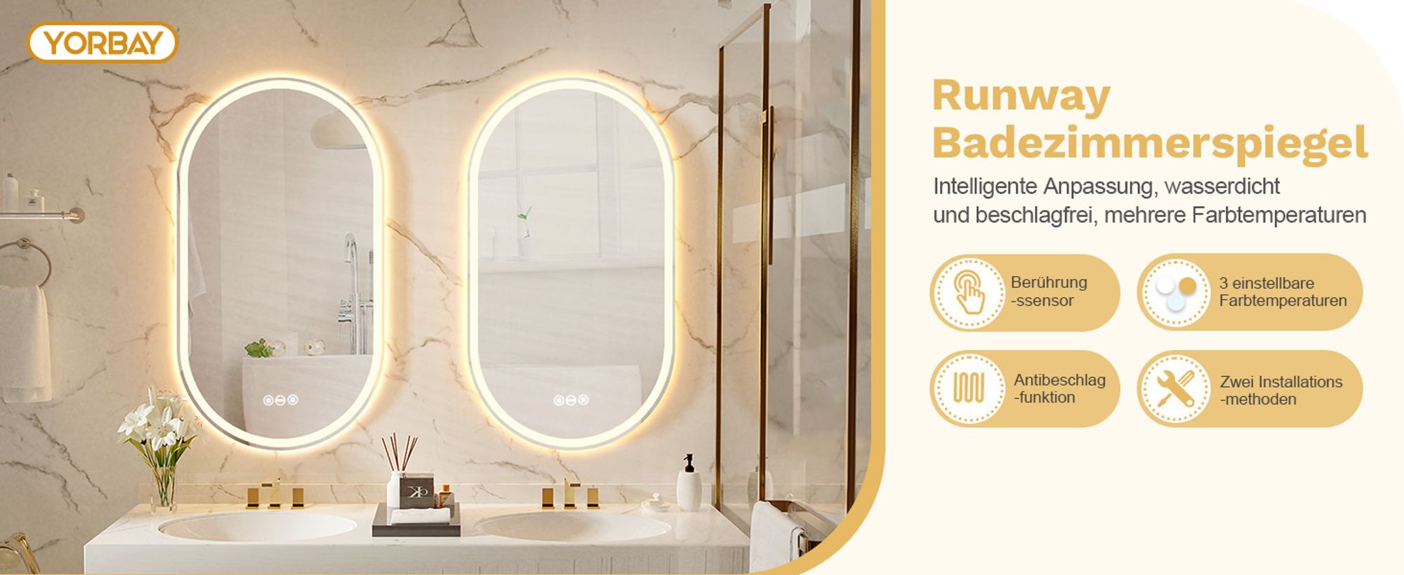 Badspiegel groß mit Beleuchtung, LED Knopfschalter, Antibeschlag, Oval Design
