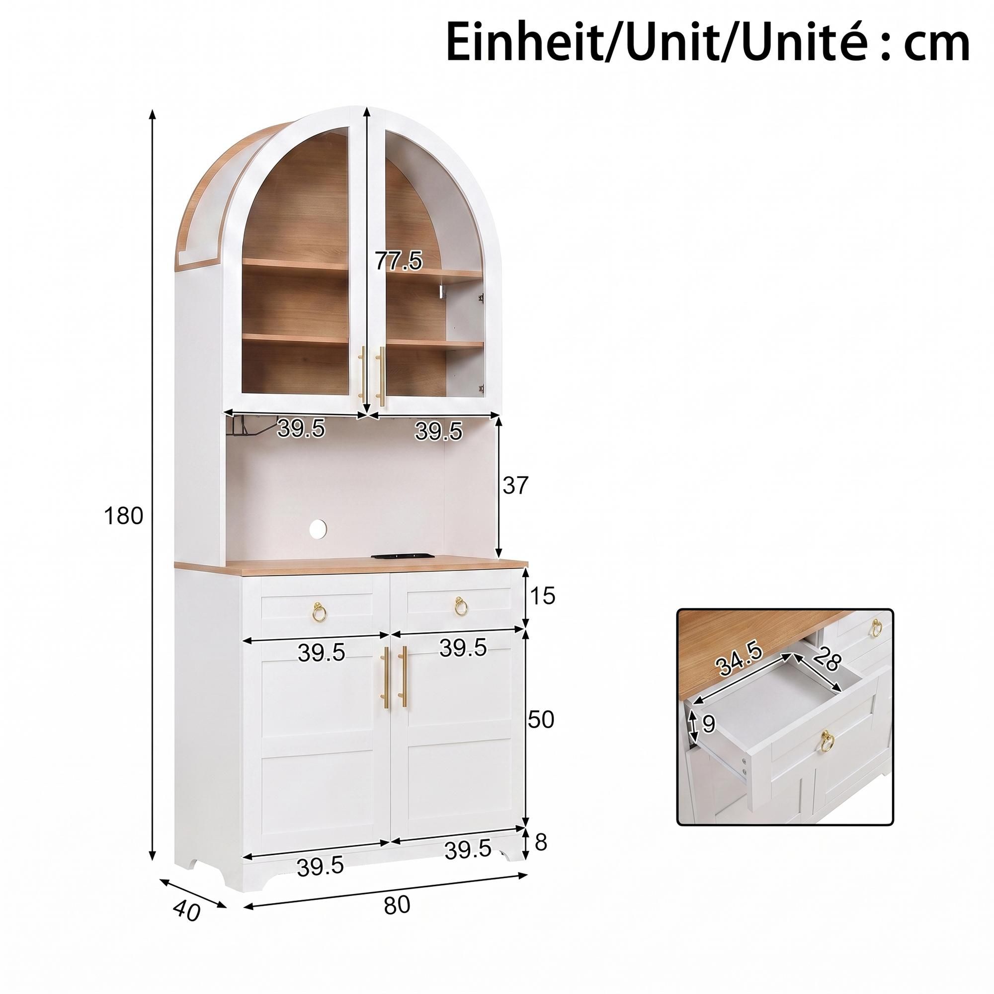 Flieks Bogen-Hochschrank mit Arbeitsfläche, Glasvitrine mit Schubladen und Türen, LED-Beleuchtung, integrierte Steckdose & USB, Weiß, PB+MDF