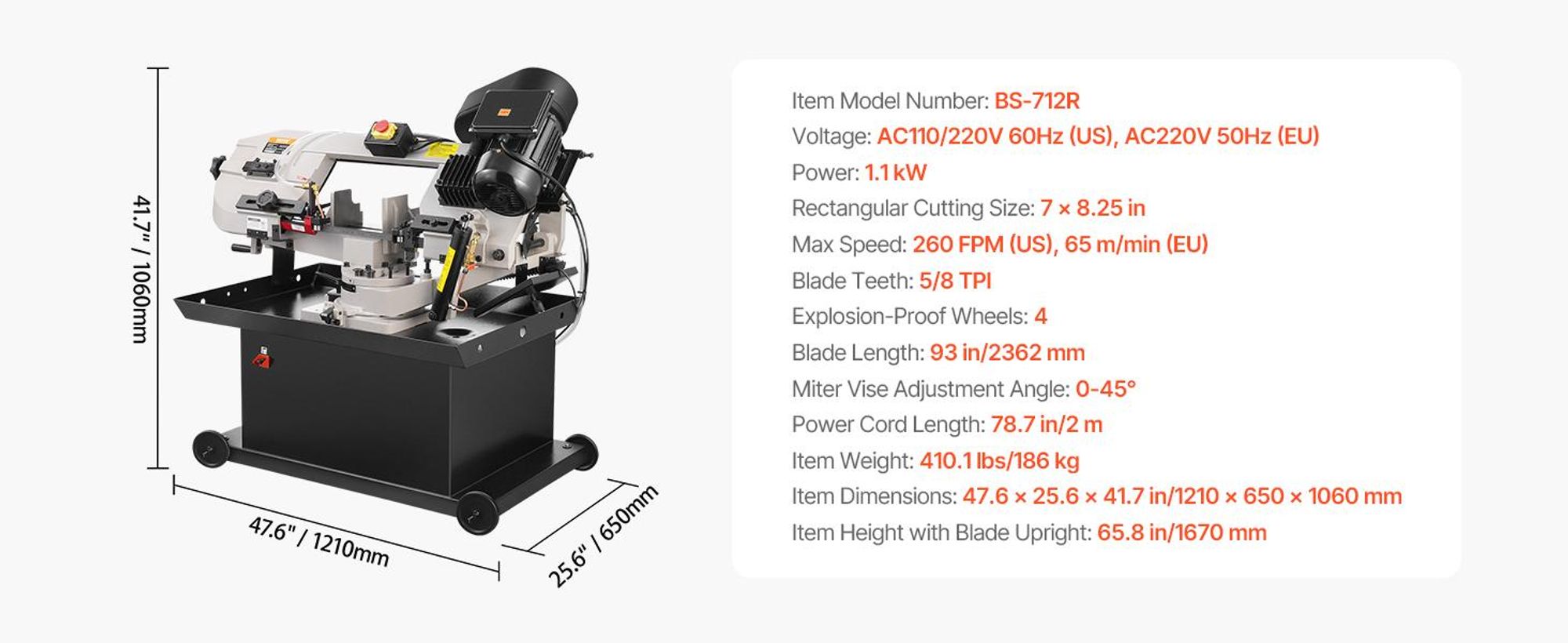 VEVOR Metall Horizontal-Bandsäge, 178 x 209 mm (7 x 8,25 Zoll) rechteckige Schnittkapazität, 220V Metall vertikale Bandsäge mit 1,1 kW Motor, 0-45° Winkelverstellung, variable Geschwindigkeit, für Metall, Holz und Kunststoff, Horizontale Bandsäge, Drehbare Basis