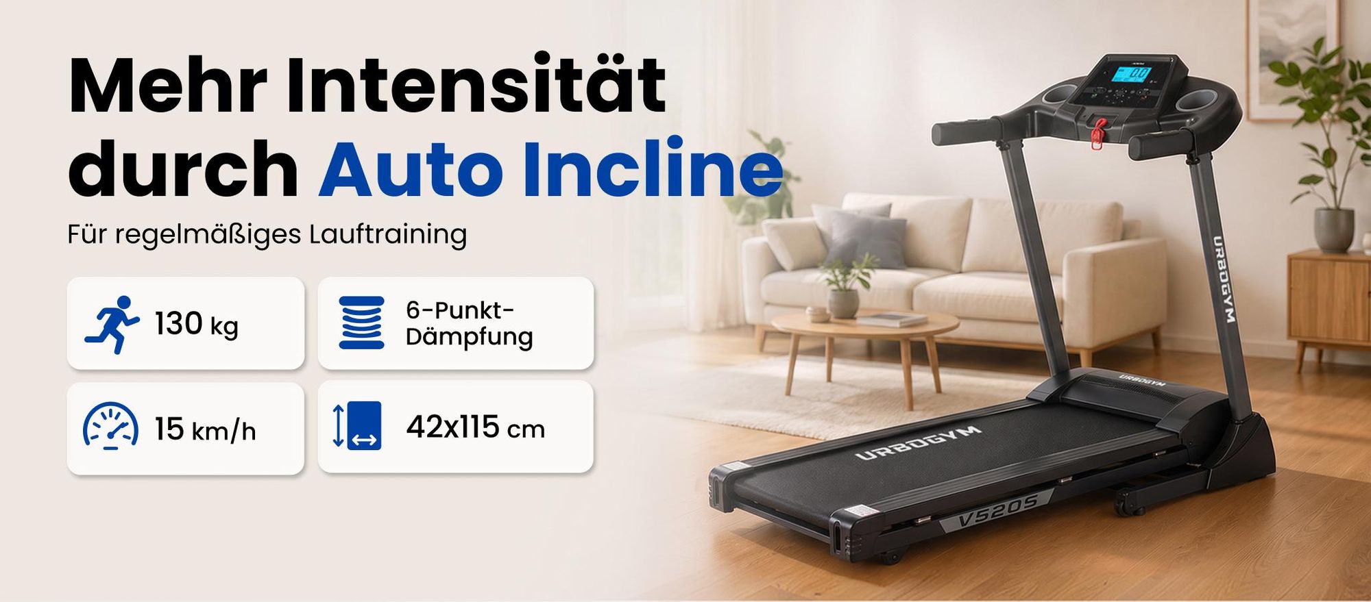 URBOGYM V520S Elektrisches Laufband, 15 km/h, 15-stufige Auto-Steigung, 12 Programme, klappbar, Bluetooth, bis 130 kg