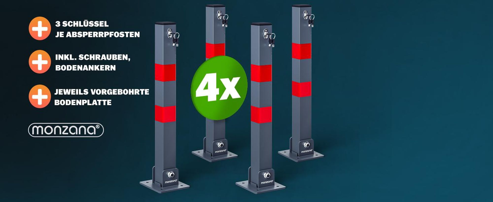 DEUBA® 4x Parkpfosten Parkplatzsperre 3 Schlüssel Sperrpfosten klappbar Stahl Robust Standfuß Stabil Park Poller Set