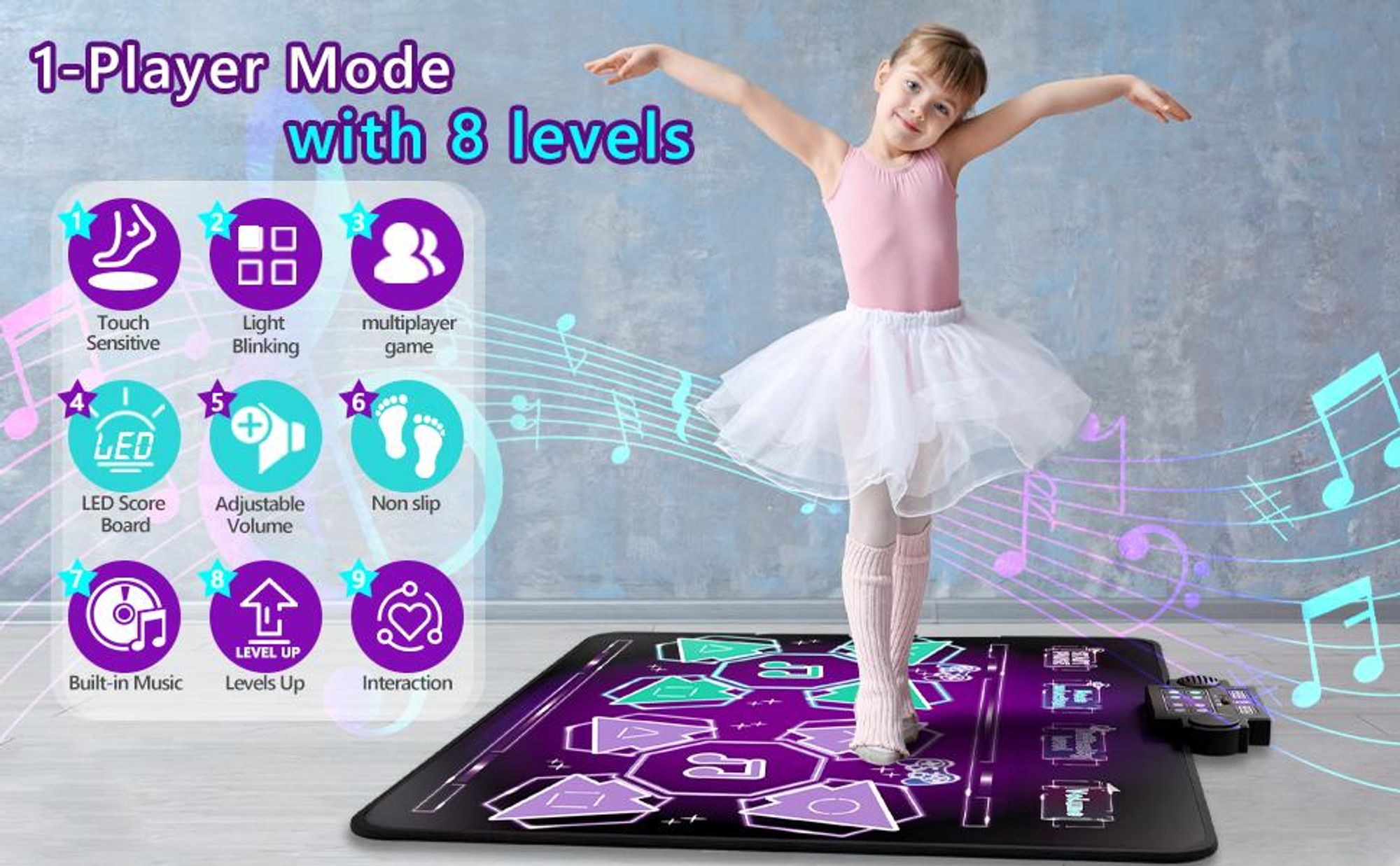 Tanzmatte, Musikmatte, Doppelt Tanzteppich, 8-Tasten-Rhythmus-Step-Spielmatte, 3 Geschwindigkeiten, 8 Spielmodi, elektronisches Tanzpad mit LED
