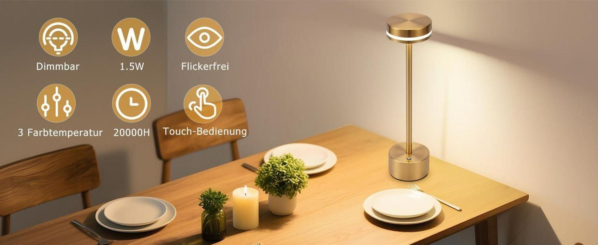 Kabellose Dimmbare LED Tischleuchte, Wiederaufladbar 1800mAh Schreibtischlampe für Restaurants Bars Schlafzimmer Gold