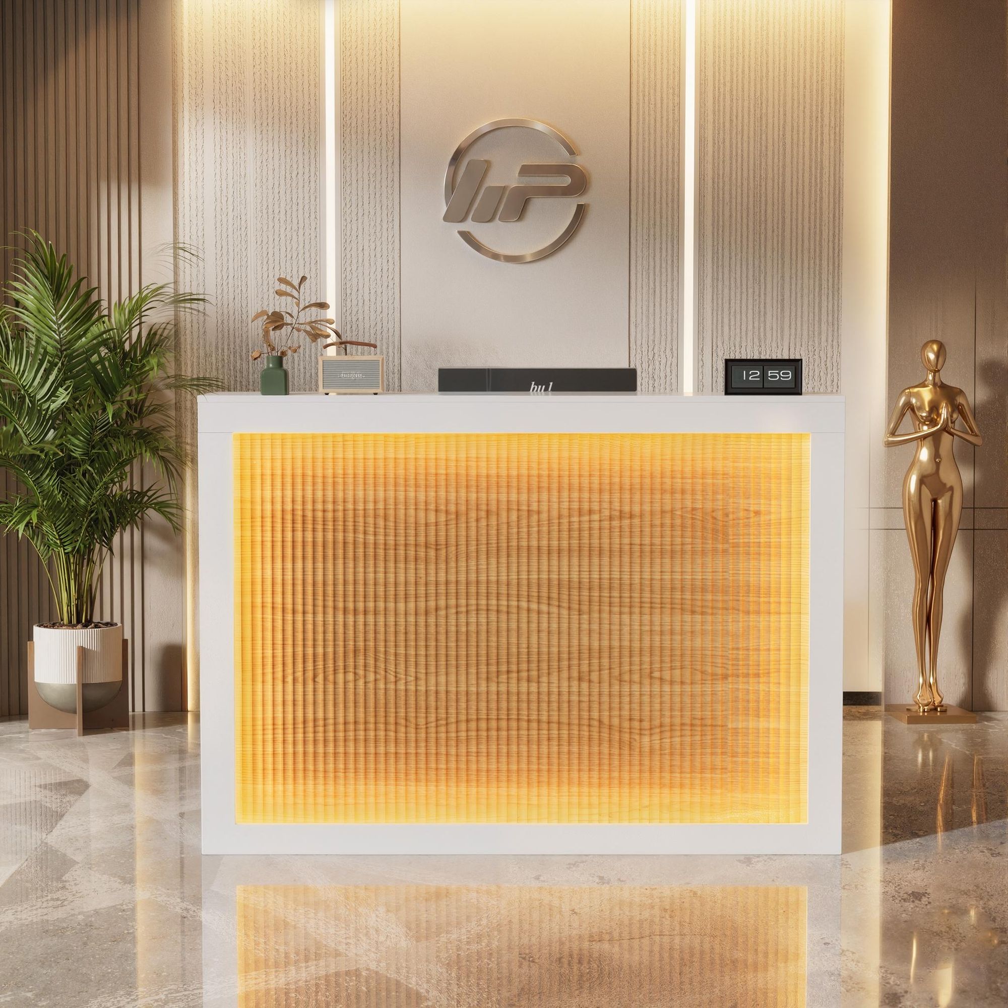 TWSOUL Empfangstheke mit LED-Beleuchtung,Rezeptionstresen mit Schublade & Stauraum Holz-Theke mit Ladestation, modern, 140 × 60 × 110 cm