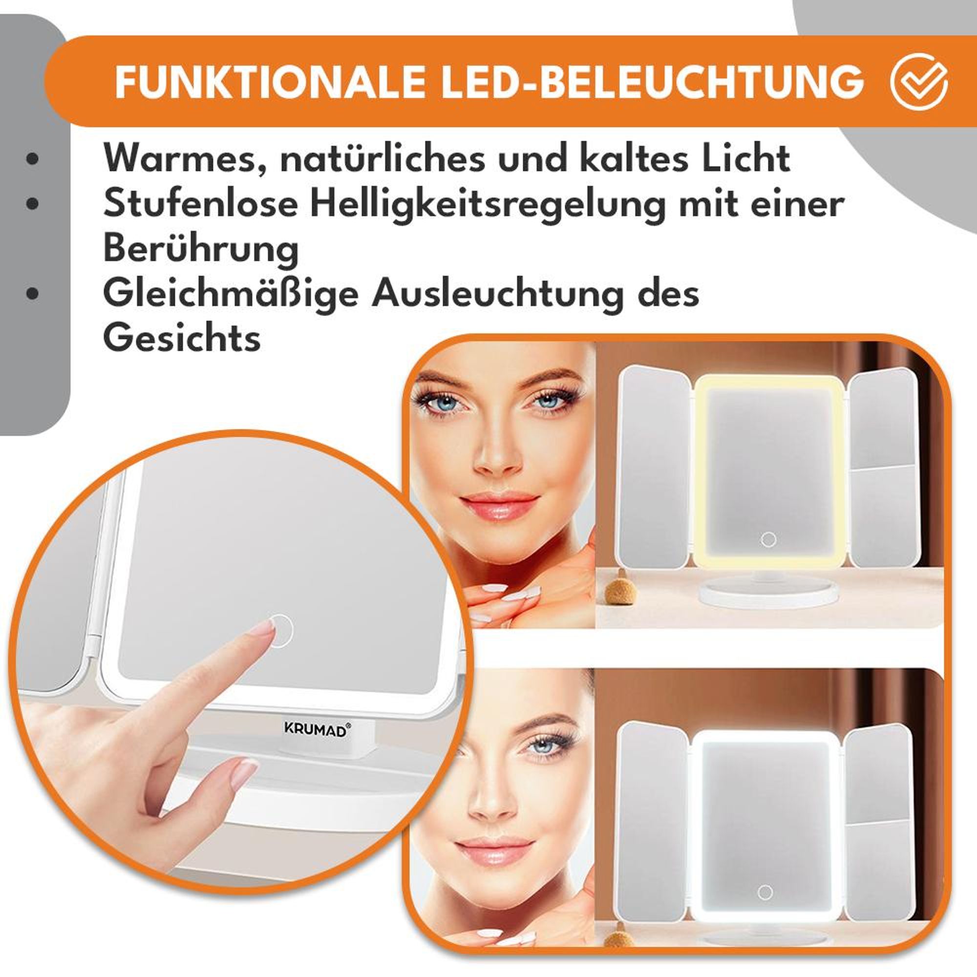 KRUMAD LED Kosmetikspiegel, 3 Lichtfarben, 180° drehbar, faltbarer 3-Flügel Schminkspiegel mit Dimmfunktion, USB, 175×240 mm
