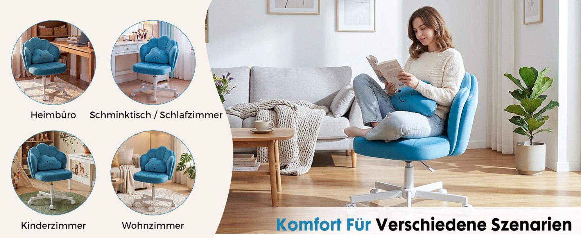 COMHOMA Schreibtischstuhl Schminkstuhl Bürostuhl mit Rollen Doppelter Rückenlehne und Wolkenkissen, Höhenverstellbarer Drehstuhl, Samt, Blau