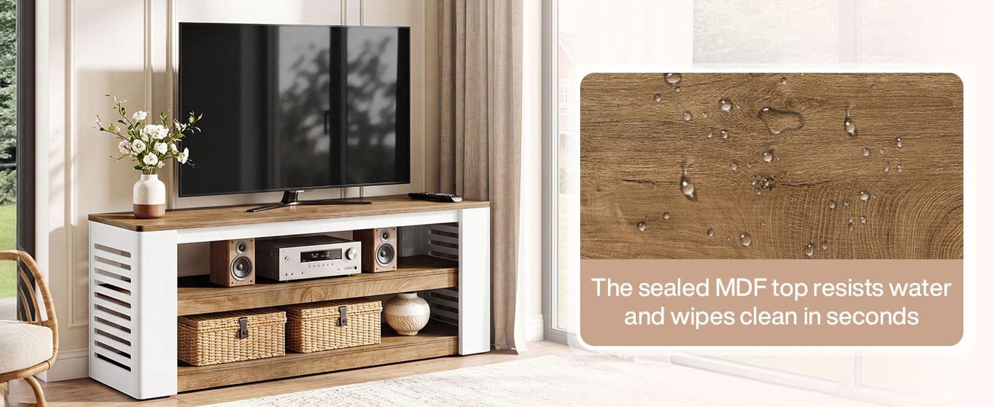 160cm TV-Ständer im Landhausstil für 55/60/65/75-Zoll-Fernseher, Medienkonsole mit 3 Ablagefächern und Lattenrost-Seitenwänden, Konsolentisch aus Holz