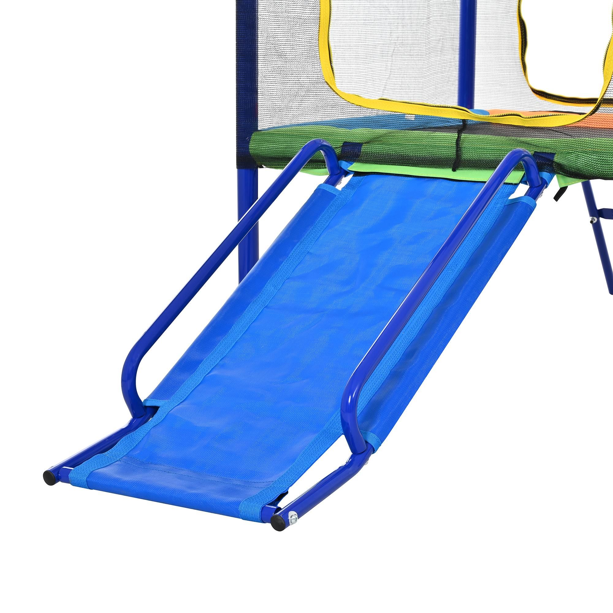 Flieks 4-in-1-Schaukelgestell, Spielturm mit Rutsche, Trampolin, Schaukel und Basketballkorb, Doppelschaukel Outdoor-Schaukel-Set, 336x217x238cm, Blau