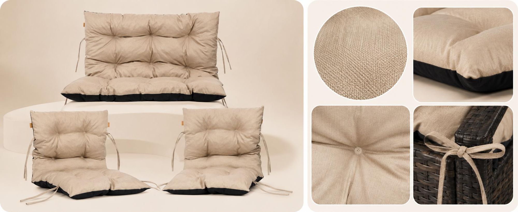Palettenkissen Loungekissen Set 3-teilig, Outdoor Sitzpolster für Rattanmöbel, 2x Stuhlkissen + 1x Bankkissen, Beige